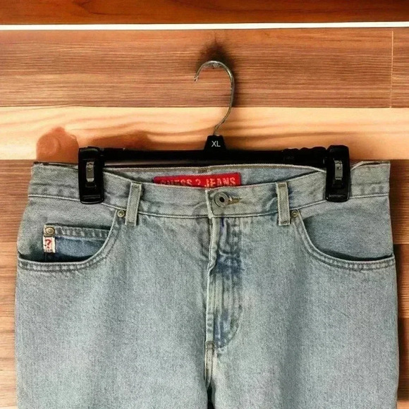 guess Vintage RARE Women's Light Wash Size 30 Jeans with Maroon Fringed Bottoms - Picture 3 of 5